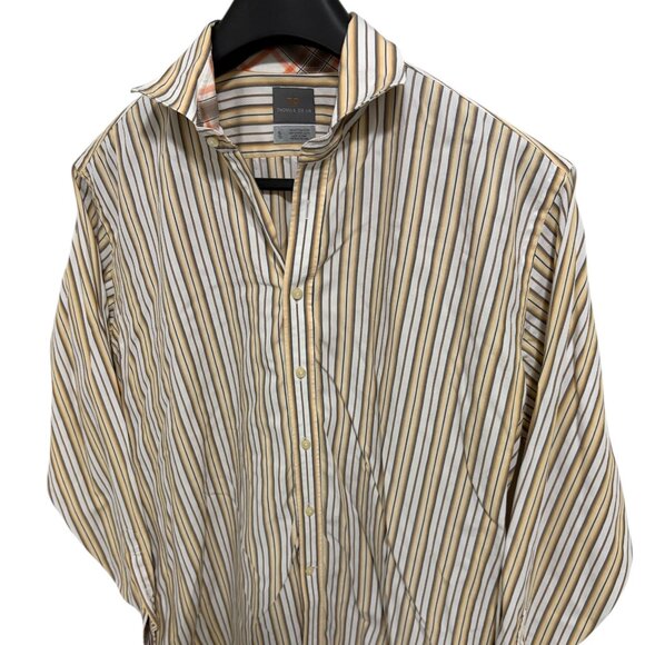 Thomas Dean Mens XL/TG Button Down Shirt Taupe Striped Flip Cuffs - Picture 2 of 6